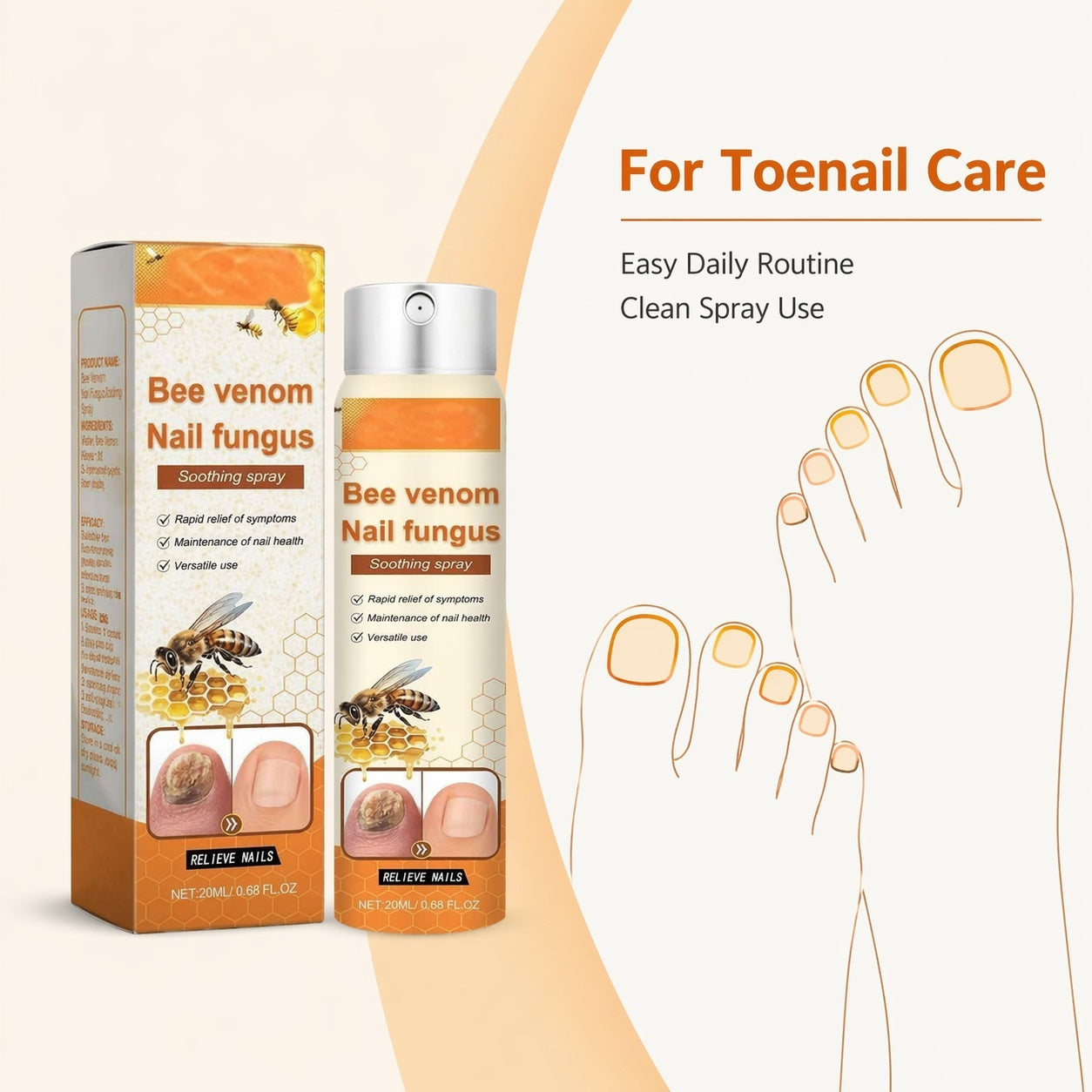Spray para uñas con veneno de abeja para el cuidado de la apariencia de las uñas de los pies amarillas y ásperas, 20 ml