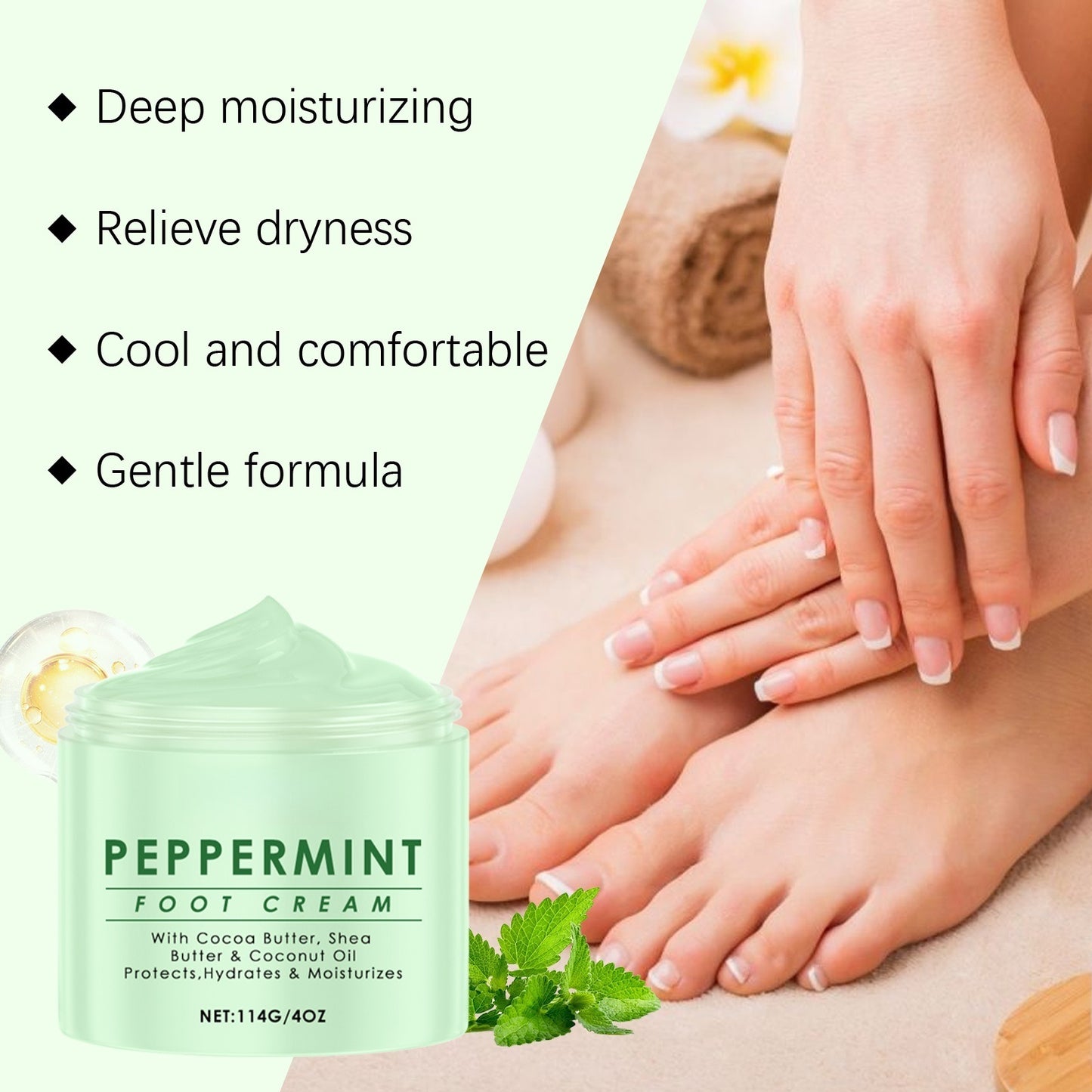 Crema de Menta para Pies con Manteca de Cacao y Karité para Pies Secos y Ásperos, 4 oz