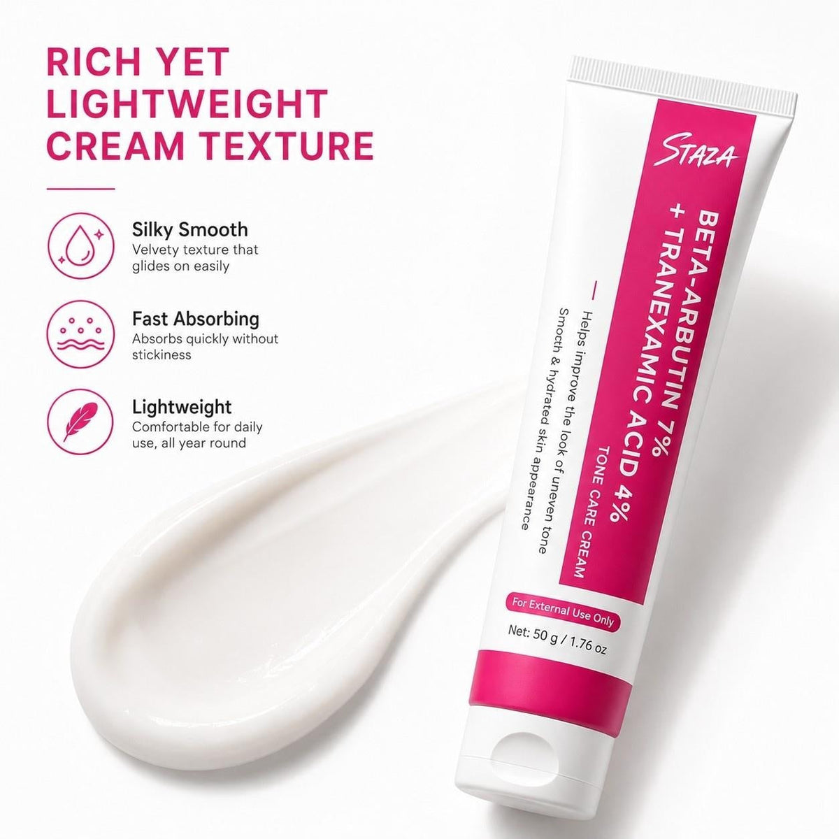 Beta Arbutin 7% and Tranexamic Acid 4% Face Cream, Daily Moisture Care for Smooth and Even-Looking Skin, 50 g / 1.76 oz