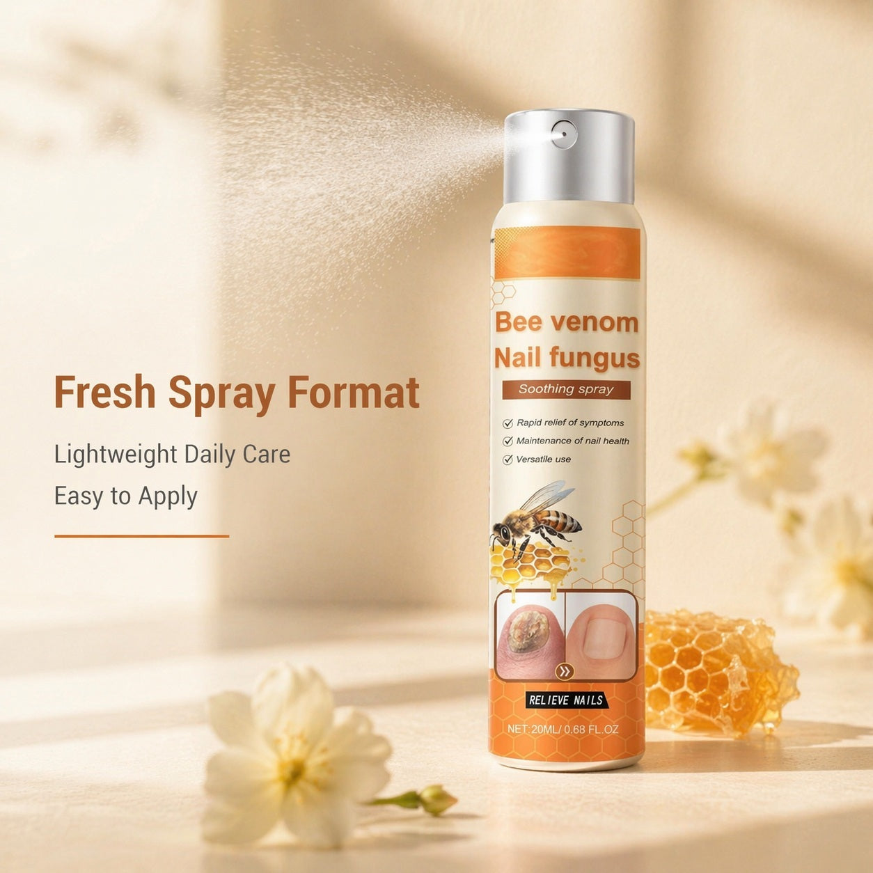 Spray para uñas con veneno de abeja para el cuidado de la apariencia de las uñas de los pies amarillas y ásperas, 20 ml