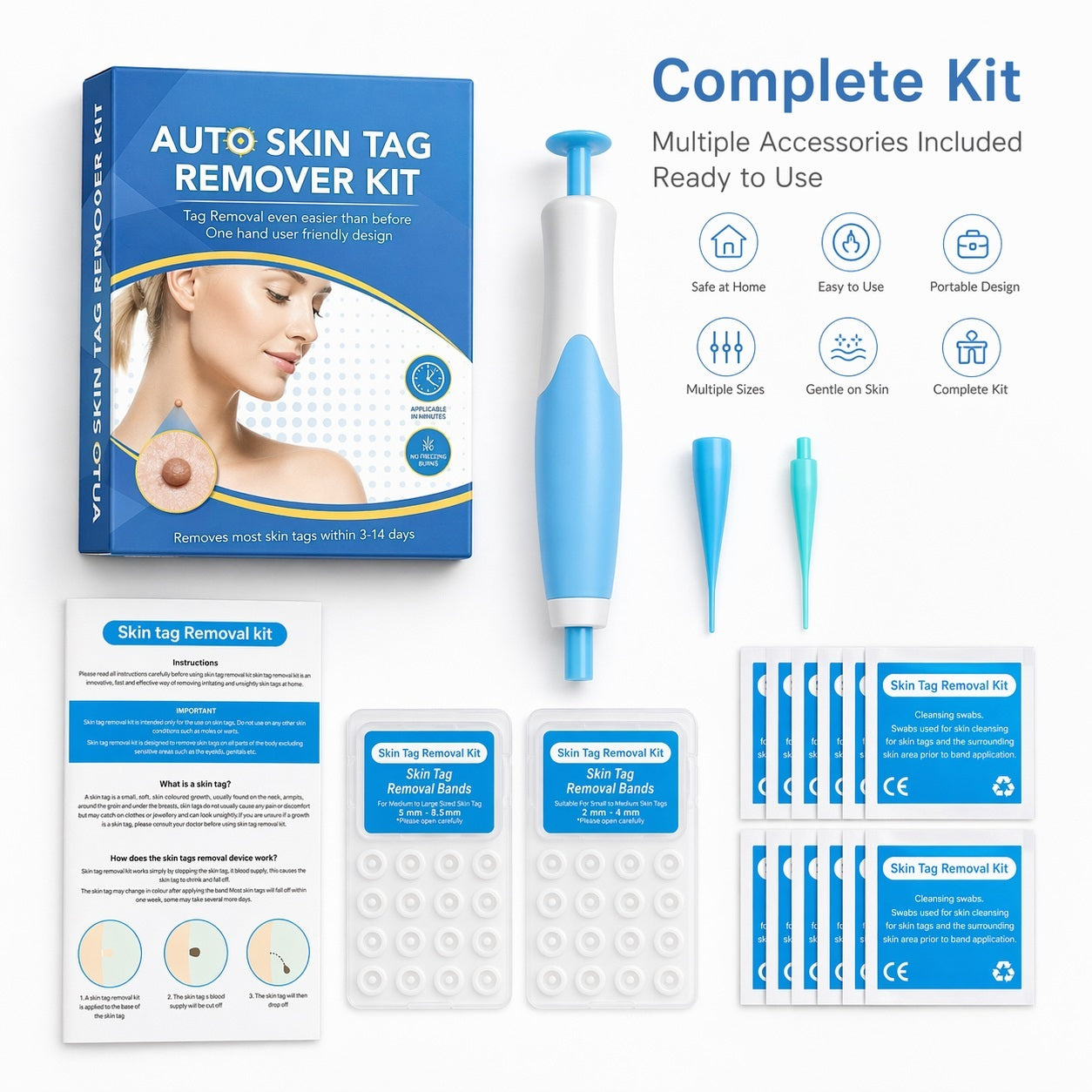 Kit de bandas para eliminar verrugas cutáneas con aplicador de una mano, bandas, puntas y toallitas