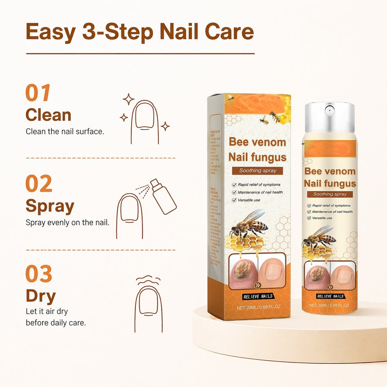 Spray para uñas con veneno de abeja para el cuidado de la apariencia de las uñas de los pies amarillas y ásperas, 20 ml