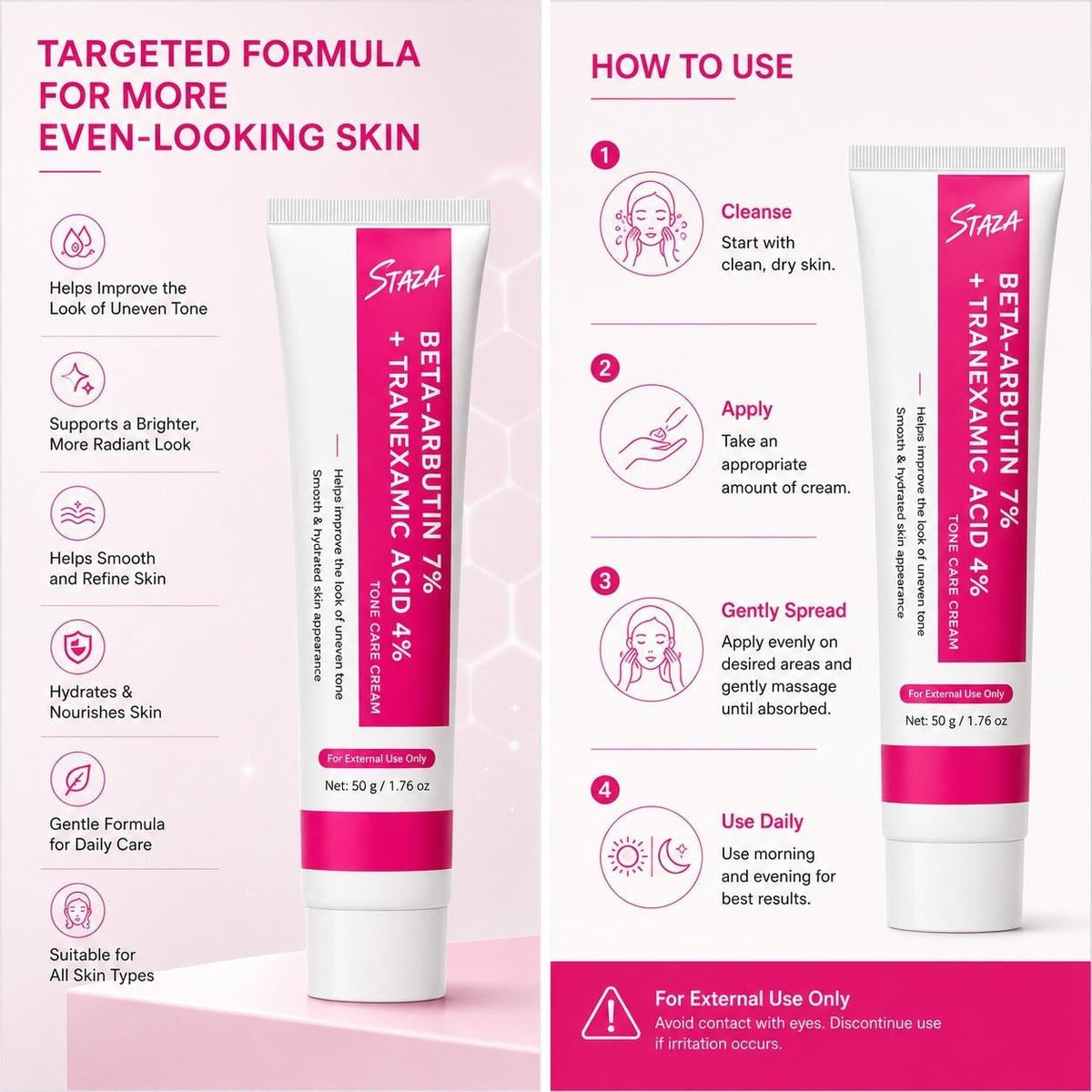 Beta Arbutin 7% and Tranexamic Acid 4% Face Cream, Daily Moisture Care for Smooth and Even-Looking Skin, 50 g / 1.76 oz