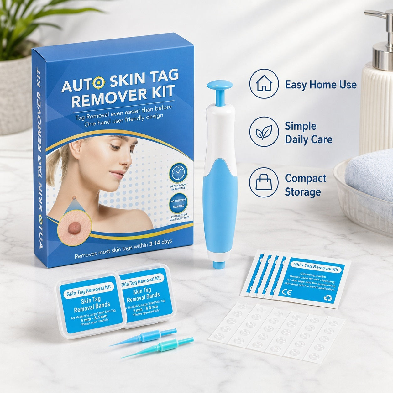 Kit de bandas para eliminar verrugas cutáneas con aplicador de una mano, bandas, puntas y toallitas