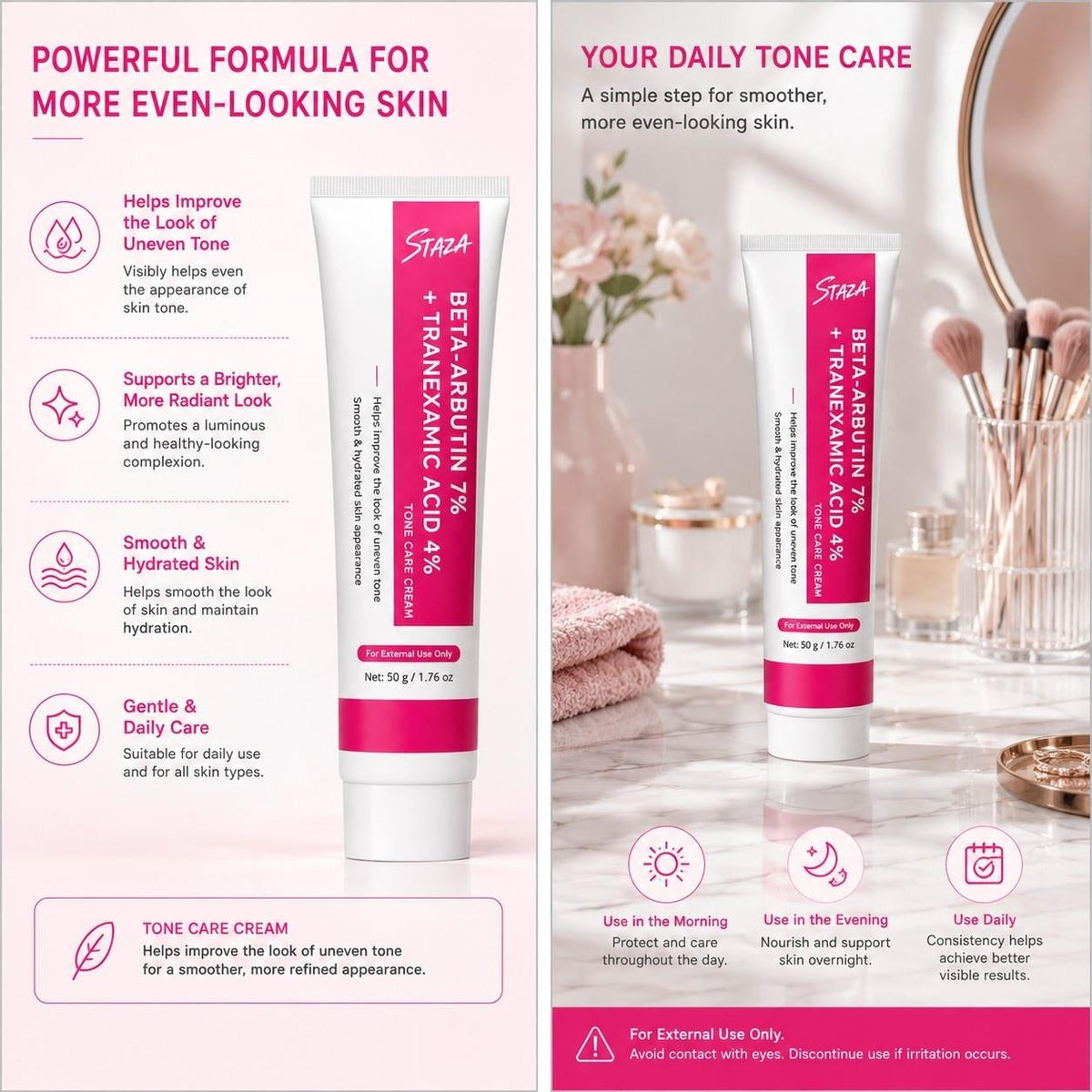 Beta Arbutin 7% and Tranexamic Acid 4% Face Cream, Daily Moisture Care for Smooth and Even-Looking Skin, 50 g / 1.76 oz