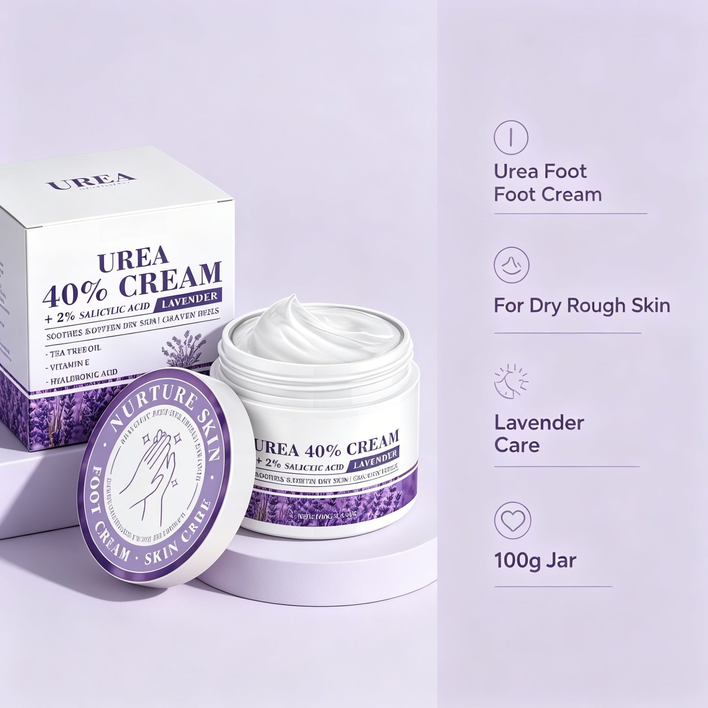 40% Urea Lavender Foot Cream with 2% Salicylic Acid for Dry Rough Heels, 100g